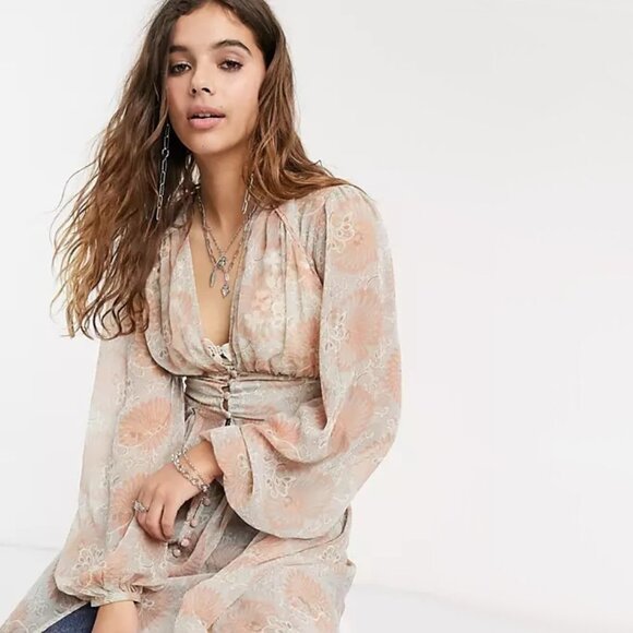 Free People long sleeve floral print semi-sheer longline duster - Picture 6 of 16